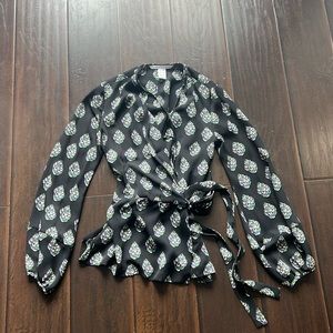 Diane von Furstenberg Black, Purple, and Green Patterned Silk Top, size 6